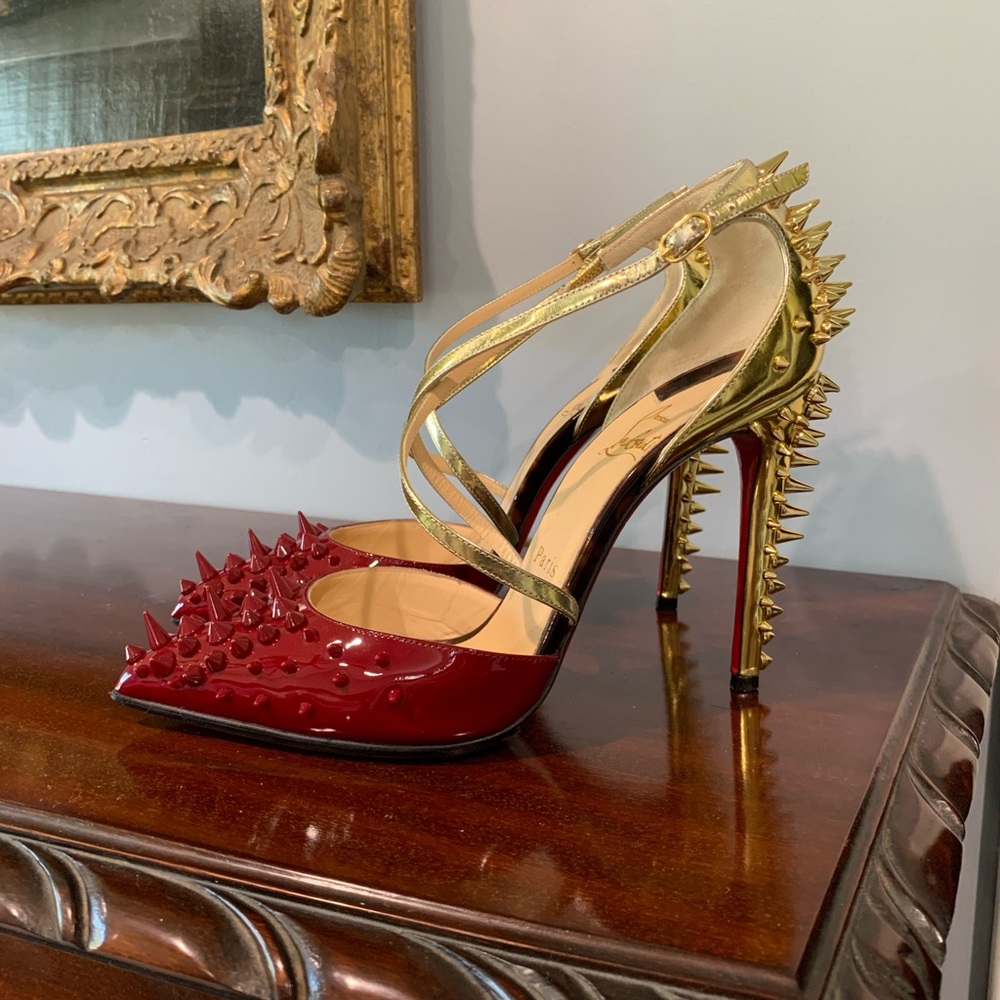 Louboutin Goldocross 100 Metallic Gold Carmin Spike Pumps 37